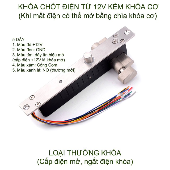 Chốt cửa điện từ thường khóa 12VDC có độ trễ 0-3-6-9 giây, loại 5 dây có kèm cả khóa cơ (mất điện mở bằng chìa khóa cơ)