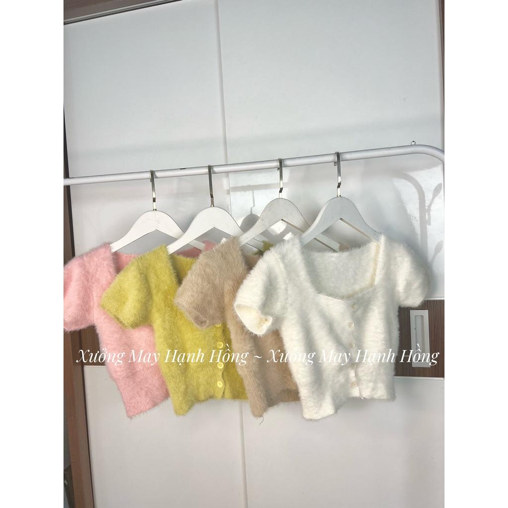 Áo len cổ vuông ngắn tay chất len lông thỏ, Áo cardigan len croptop hàng Quảng Châu