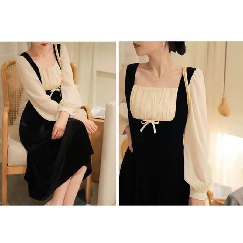 Đầm midi phối cổ và tay oganza