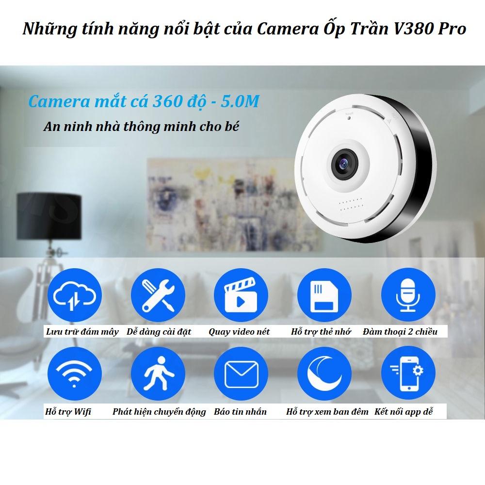 Camera gắn trần nhà toàn cảnh V380 PRO VR 360 ĐỘ - Xem toàn cảnh 3D, không dây, hình ảnh full HD Kèm Thẻ Nhớ 32GB