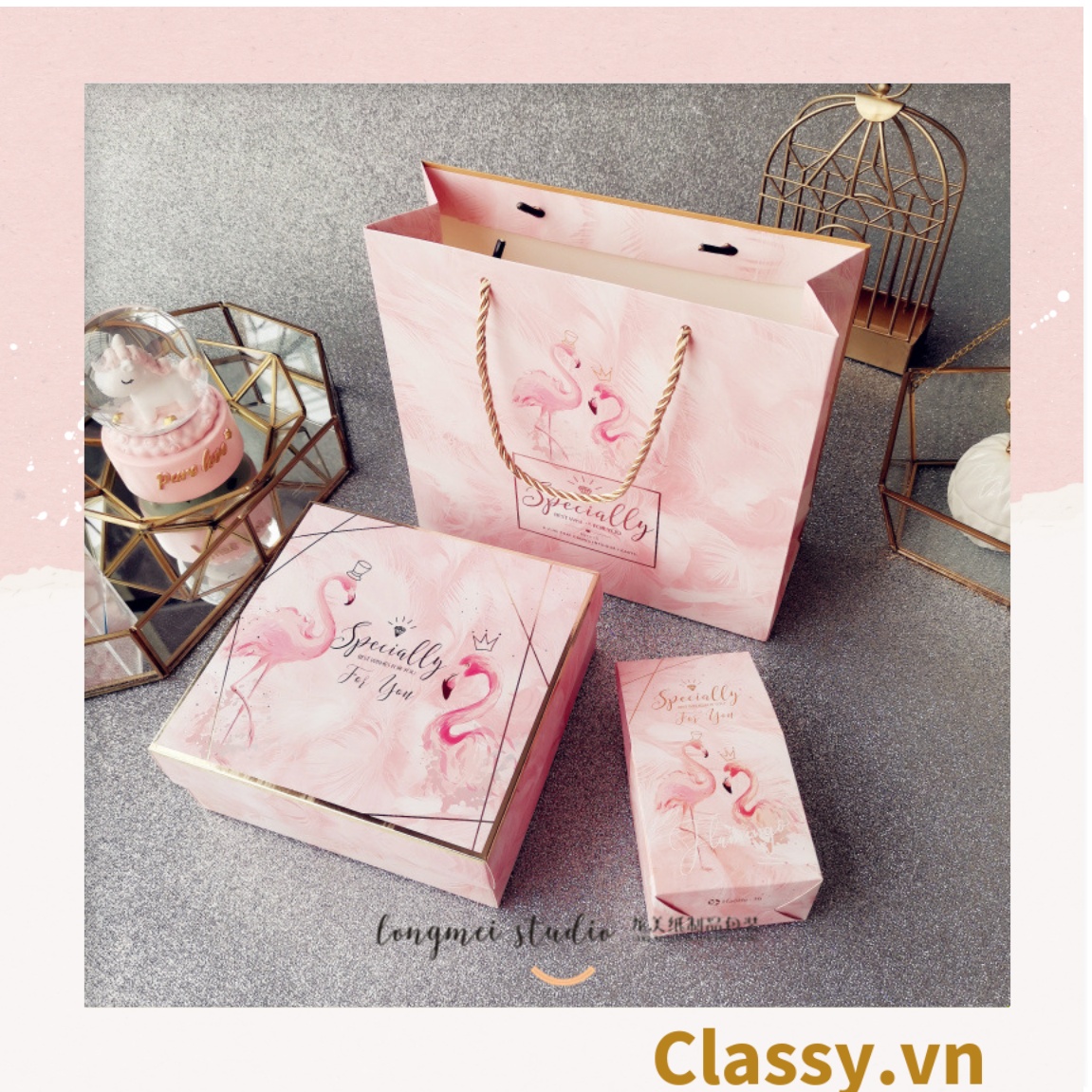 XÉ LẺ Túi giấy và Hộp quà tự gấp Làm quà tặng hoạ tiết hồng hạc hồng, làm quà tặng đựng nước hoa, quần áo, mỹ phẩm Q959