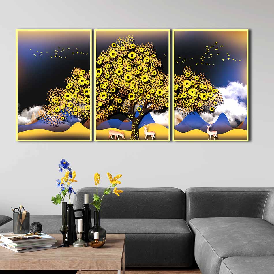 Bộ 3 tranh canvas treo tường Decor Họa tiết hươu và cây kim tiền, phong cách hiện đại - DC036