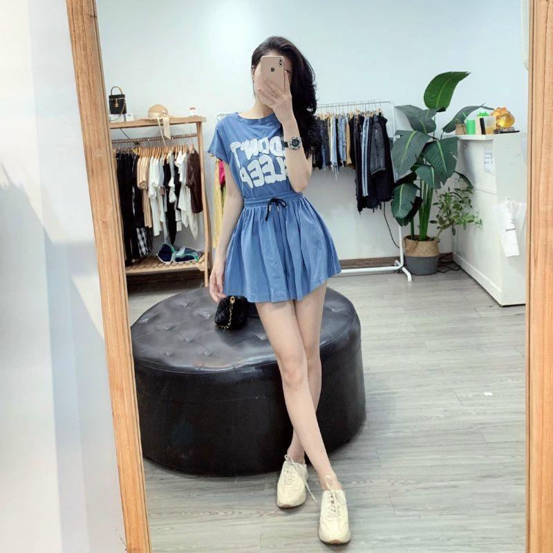 S642 Set áo phông cánh rơi in chữ nổi kèm quần váy dây rút trẻ trung