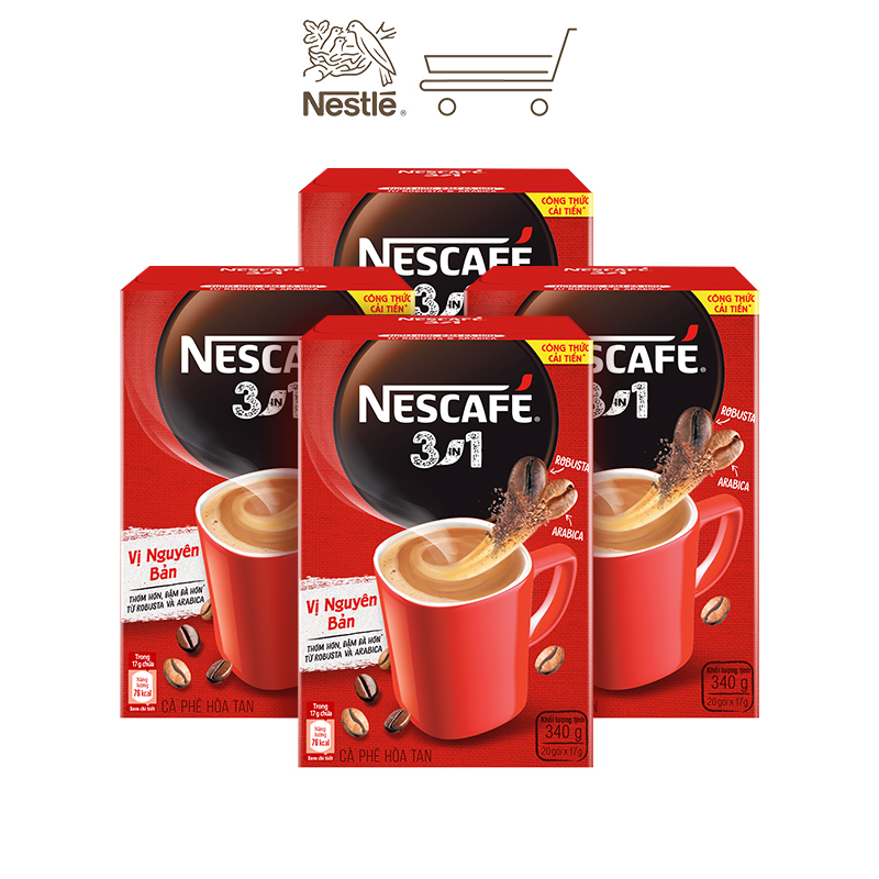 [Quà tặng tháng 11 - Mua 1 Tặng 1 Túi du lịch đa năng] Combo 4 hộp cà phê NESCAFÉ 3IN1 VỊ NGUYÊN BẢN - công thức cải tiến (Hộp 20 gói x 16g)