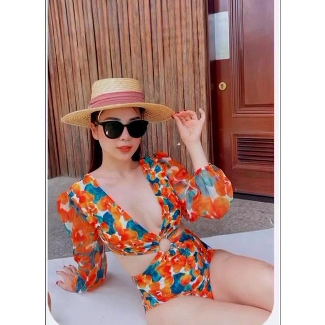 Bikini bộ bơi đồ bơi đi biển nữ liền thân tay voan phồng họa tiết hoa cam siêu sang LT- 99