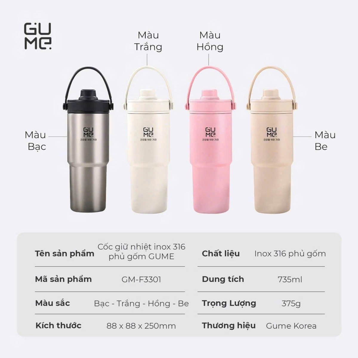 Cốc giữ nhiệt Inox 316 phủ gốm Hàn Quốc GM-F3301 dung tích 735ml - Hàng chính hãng