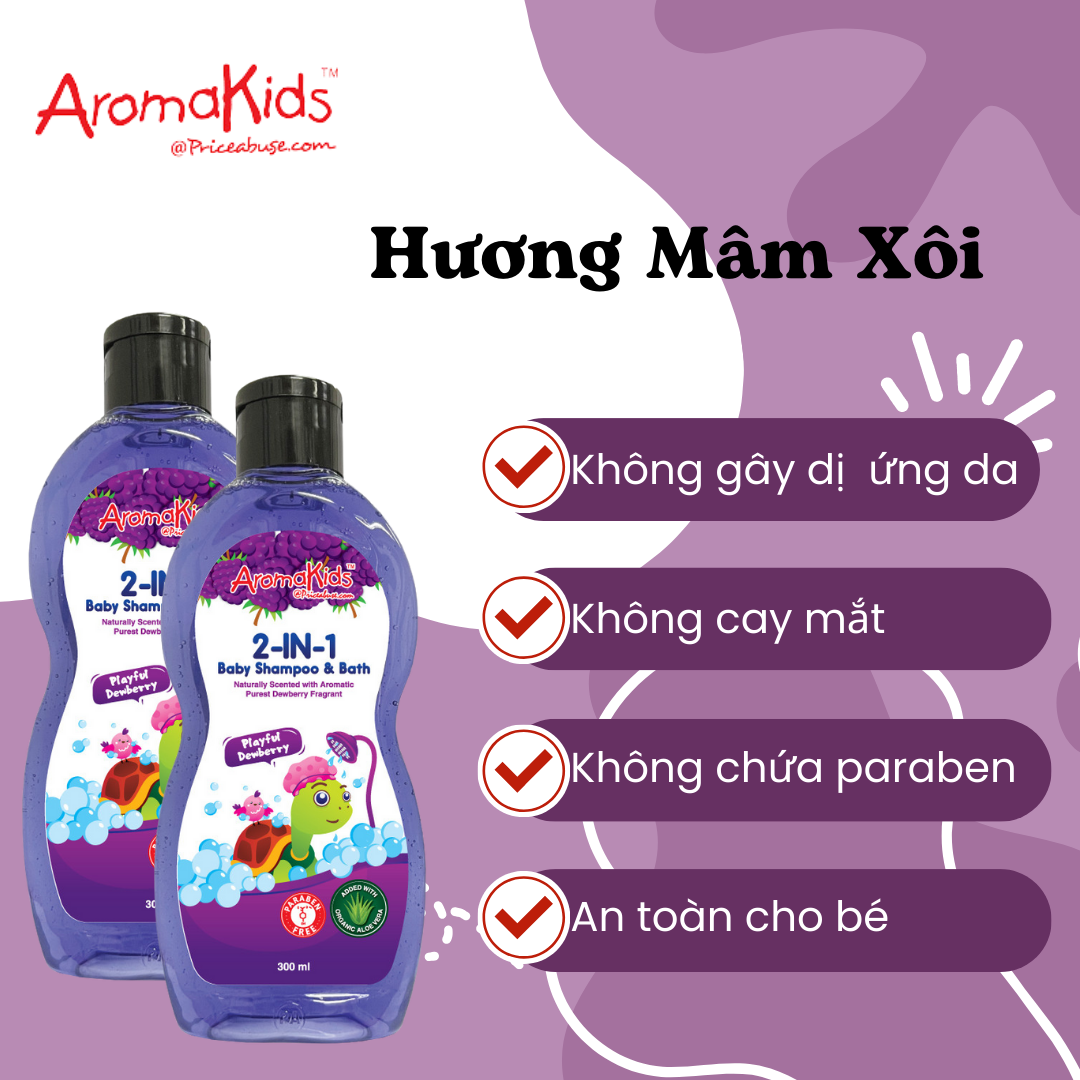 Sữa tắm gội cho bé;Sữa tắm bé; Sữa tắm gội 2in1 AromaKids-Hương Trái Mâm Xôi, 300ml/chai