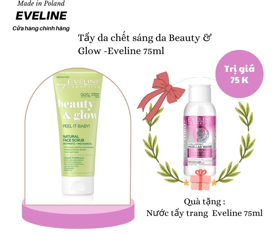 [Tặng nước tẩy trang 100ml] Tẩy da chết Eveline Beauty &amp; Glow làm sáng da với hạt massage và Enzyme tự nhiên 75ML