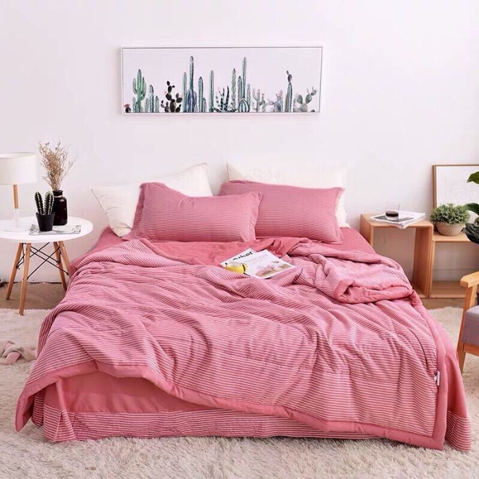 Bộ chăn ga gối Cotton cao cấp hồng kẻ sọc