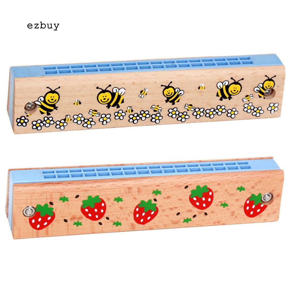 【EY】Wooden 16 Holes Cartoon Harmonica Musical Instrument Early Educational Kids Gift