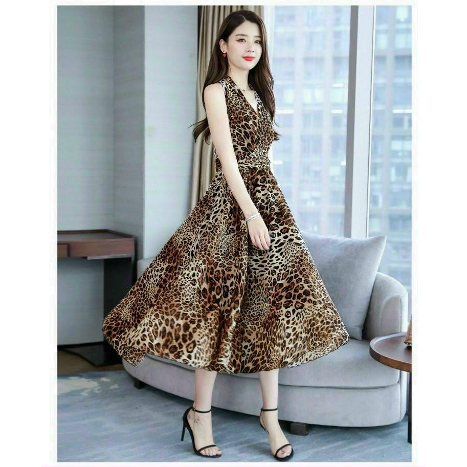 Váy Xòe Nữ, Đầm Nữ Đầm Dáng Xòe Cổ Tròn Họa Tiết Da Beo 2 Lớp Chất Voan Lụa Cao Cấp.