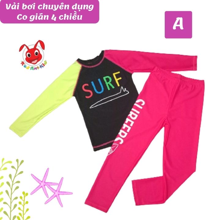 Đồ bơi bé gái tay dài chữ surf 23-40kg - tay dài cho bé bơi lâu mà không sợ lạnh-Kiến Lửa