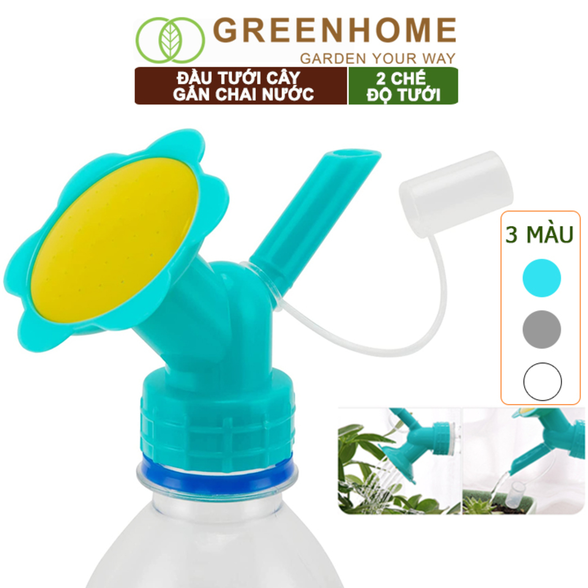 Đầu vòi tưới cây gắn chai nước, 2 chế độ tiện lợi, có nắp đậy |Greenhome