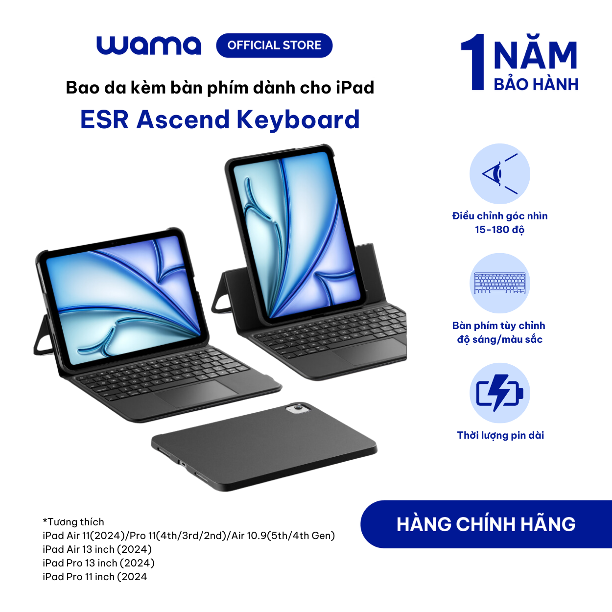 Bao da kèm bàn phím dành cho iPd Air/Pro 2024 ESR Ascend Keyboard màu đen - Hàng chính hãng