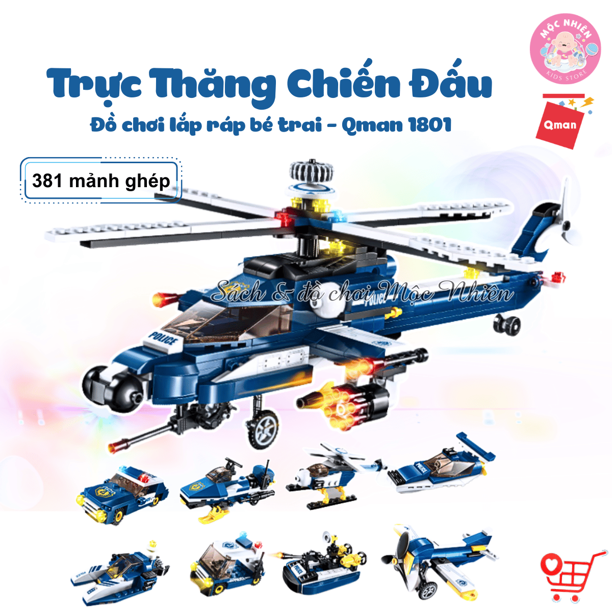 Đồ chơi lắp ráp, xếp hình Qman 1801 - Trực thăng chiến đấu (381 mảnh ghép) - Dành cho bé trai từ 6 tuổi