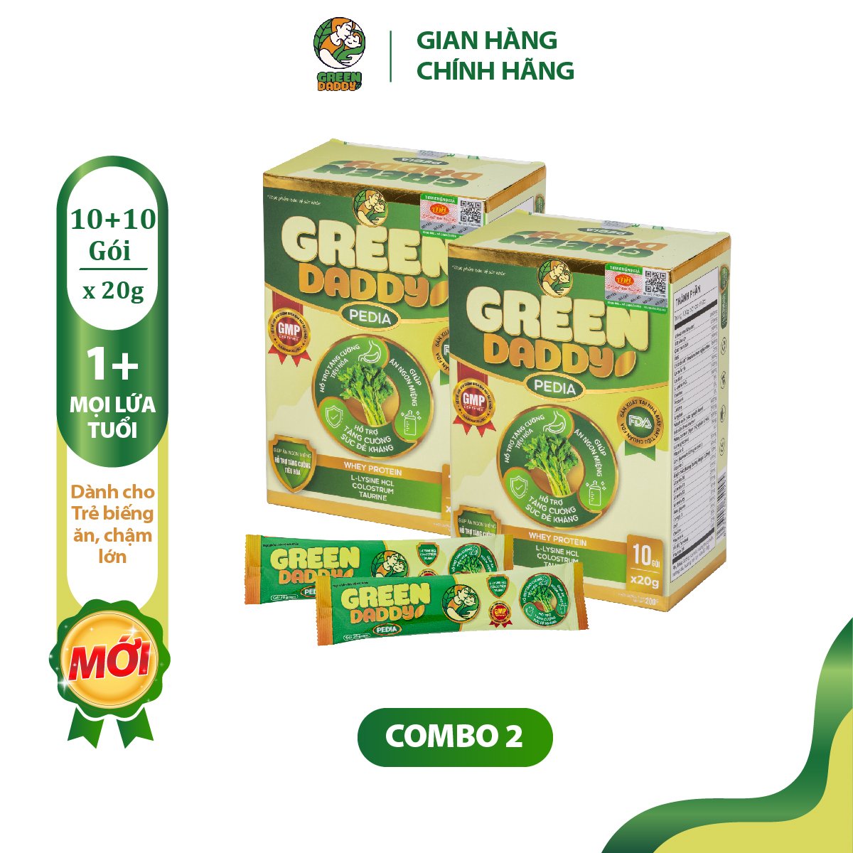Combo 02 Sữa bột, Sữa non tinh chất rau củ Green Daddy Pedia hộp 10 gói x 20g, dành cho bé biếng ăn, chậm lên cân