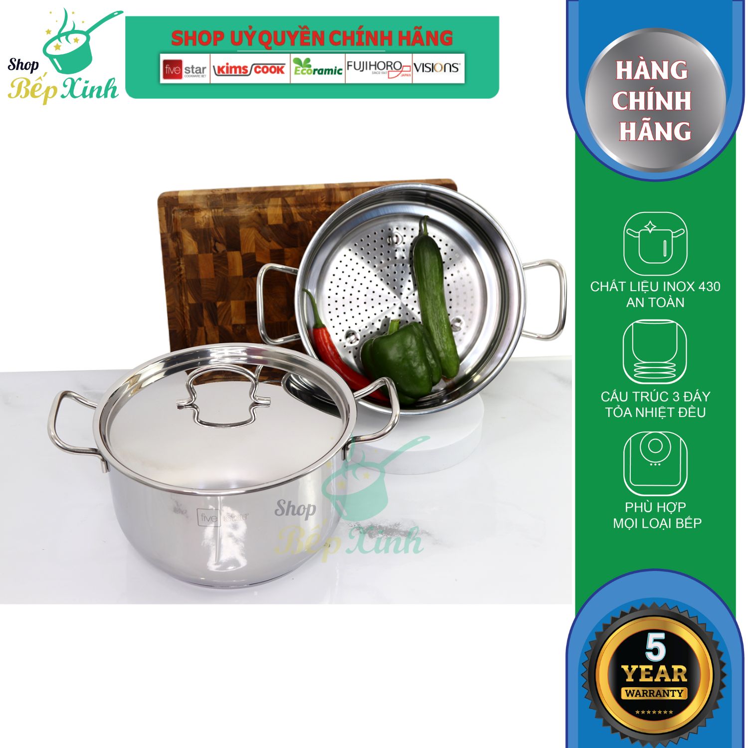 Bộ Nồi Xửng Hấp Fivestar Inox 3 Đáy ST24-3D – Hàng Chính Hãng