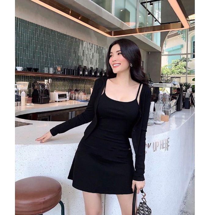 Set Váy 2 Dây Form Chữ A Và Áo Khoác Cardigan Đầm Nữ Body Đi Dạo Pố Dự Tiệc - LH93