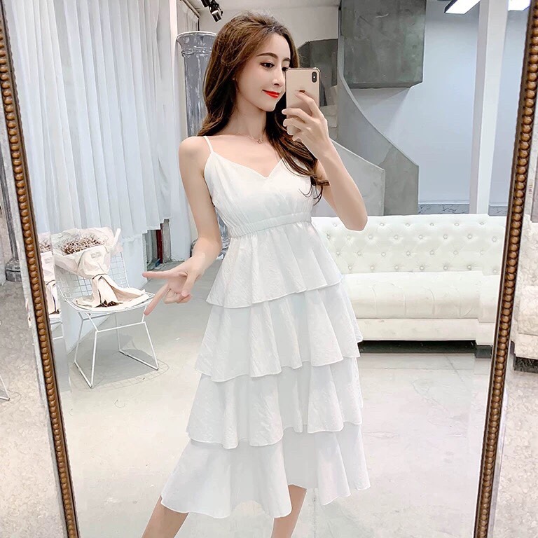 Đầm xòe maxi 2 dây 4 tầng tiểu thư dễ thương - VN131801