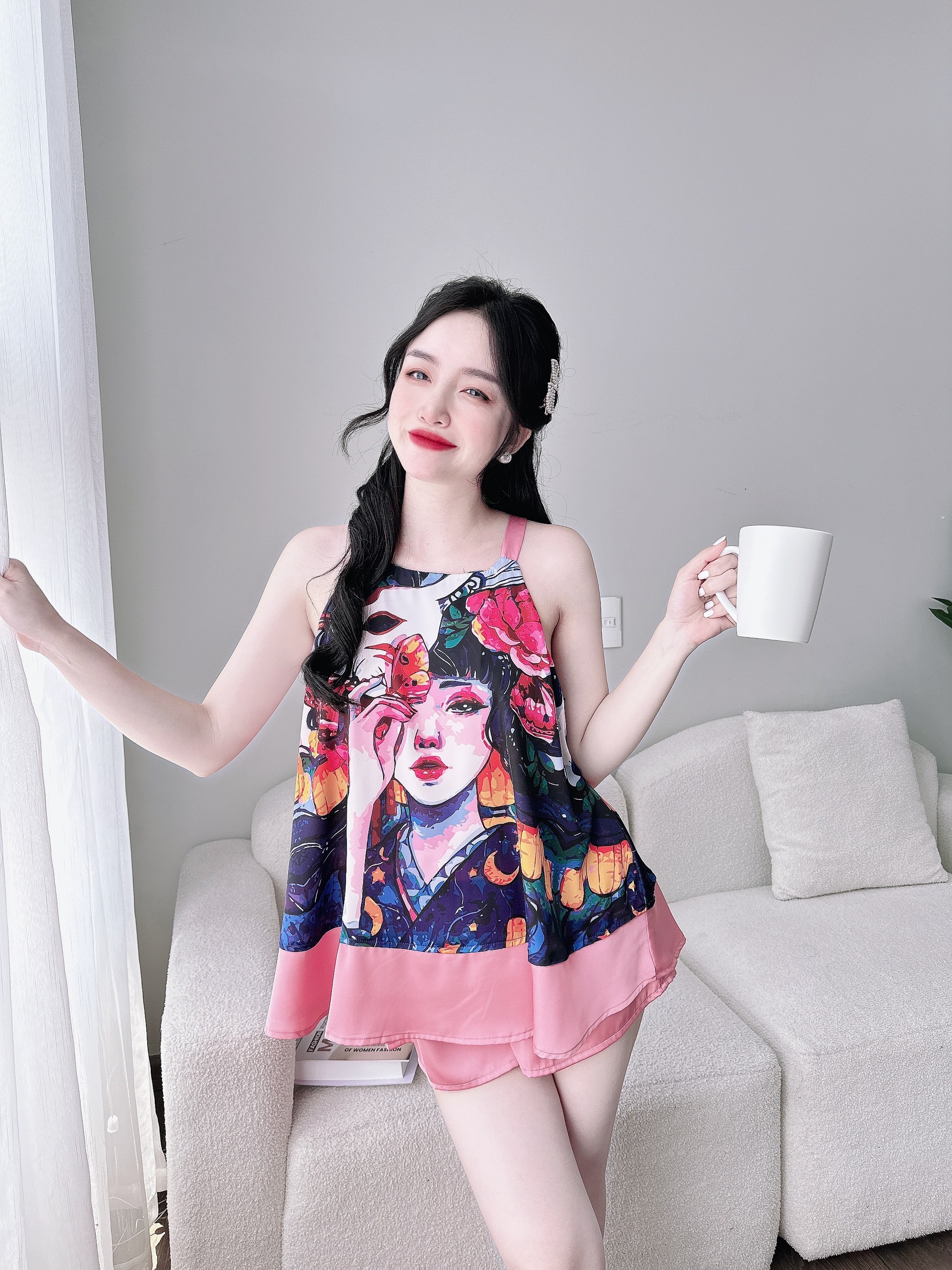 Đồ bộ mặc nhà, đồ ngủ 2 dây cổ YẾM CHIFFON chất lụa Tơ tằm cao cấp in full 5D siêu phẩm