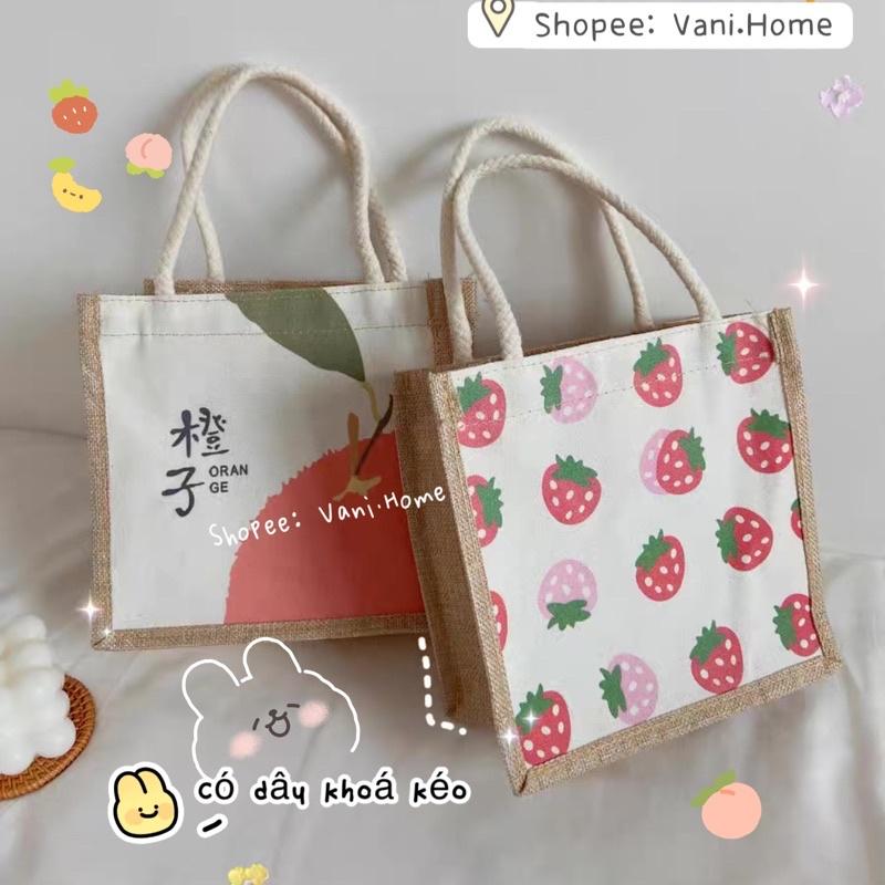 Túi xách cói mini hoạ tiết đáng yêu có khoá kéo Style Hàn Quốc - Túi tote vải canvas thích hợp đi chơi, cafe, du lịch