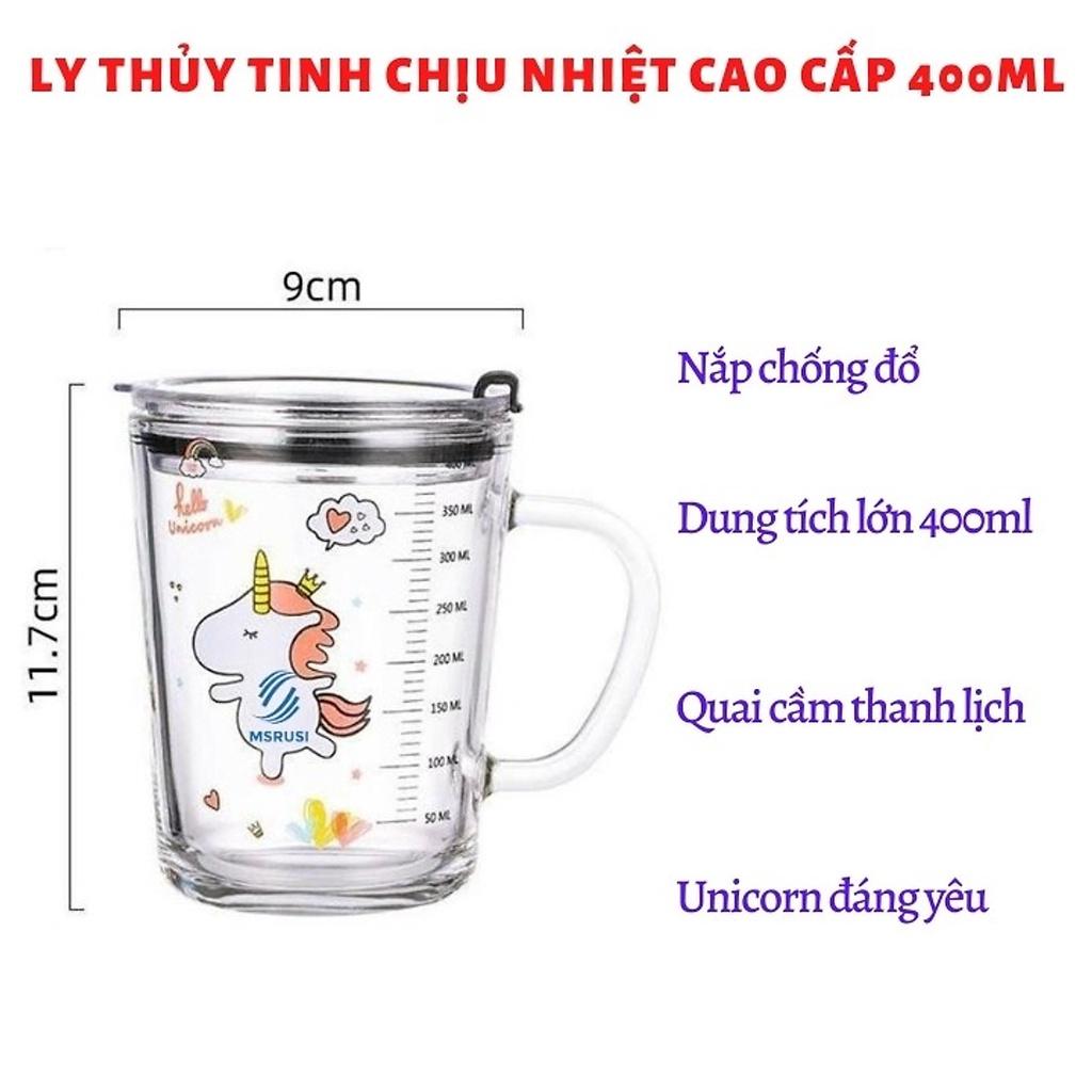 Cốc Pha Sữa Uống Nước Cốc Thuỷ Tinh Chịu Nhiệt Có Vạch Chia Dung Tích 400ML- Có Nắp Đậy Kín Chặt Kèm Ống hút Hút