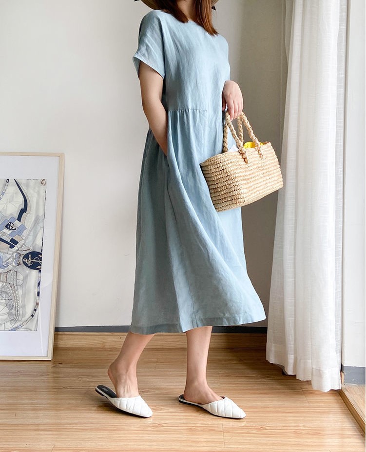 Đầm Linen suông cổ tròn ngắn tay, form suông dài trơn chất liệu linen mềm mát, dễ chịu khi mặc Đũi Việt