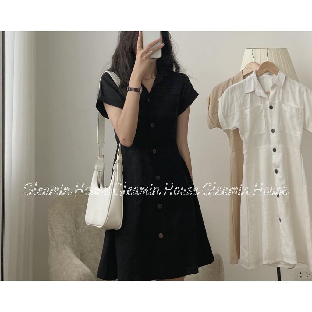 Váy đũi/thô mát túi ngực cổ đức 1 hàng cúc /Đầm linen cổ sơmi suông 3 màu