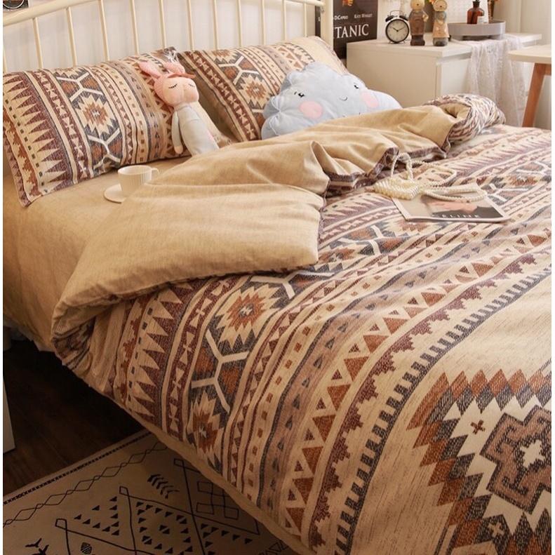 Bộ Chăn Ga Gối Cotton Living 100%cotton Hàng Nhập Khẩu Cao Cấp 4 món Kẻ Thổ Cẩm