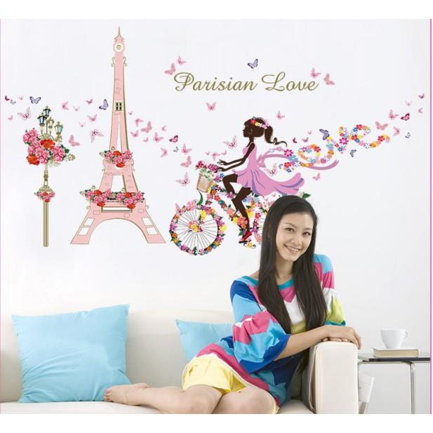 Decal trang trí Tháp Pasis Hồng Cô Gái Xe Đạp hoa A.H