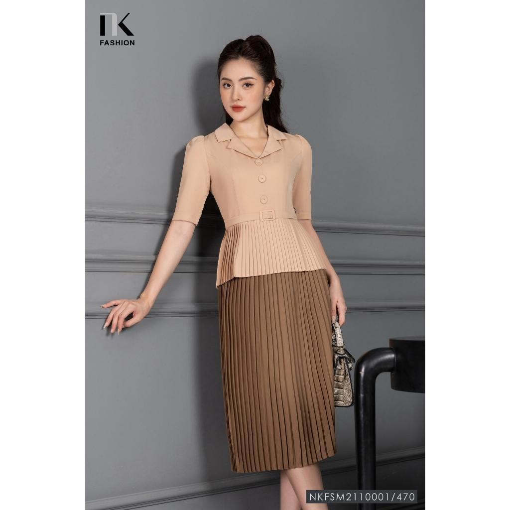 Áo Ký Giả Peplum Dập Ly UK Fashion Thiết Kế Tay Ngắn Bo Eo Điệu, Chất Liệu Nhập Hàn Mềm Mịn NKFSM2110001