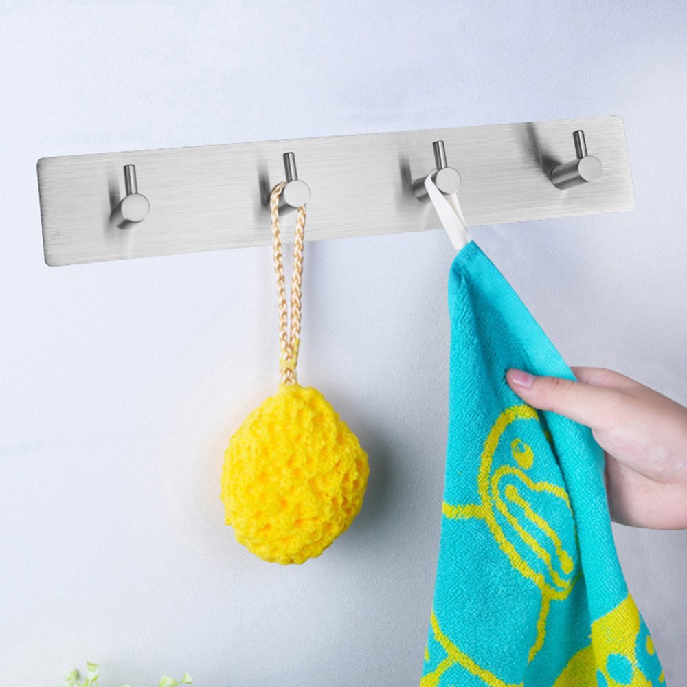 Móc Treo Quần Áo Dán Tường Keo 3M, Thanh Inox Sus304 Treo Đồ Gia Đình Dán Tường Gạch Men - Mtr - Thanh 4 Móc - Trụ
