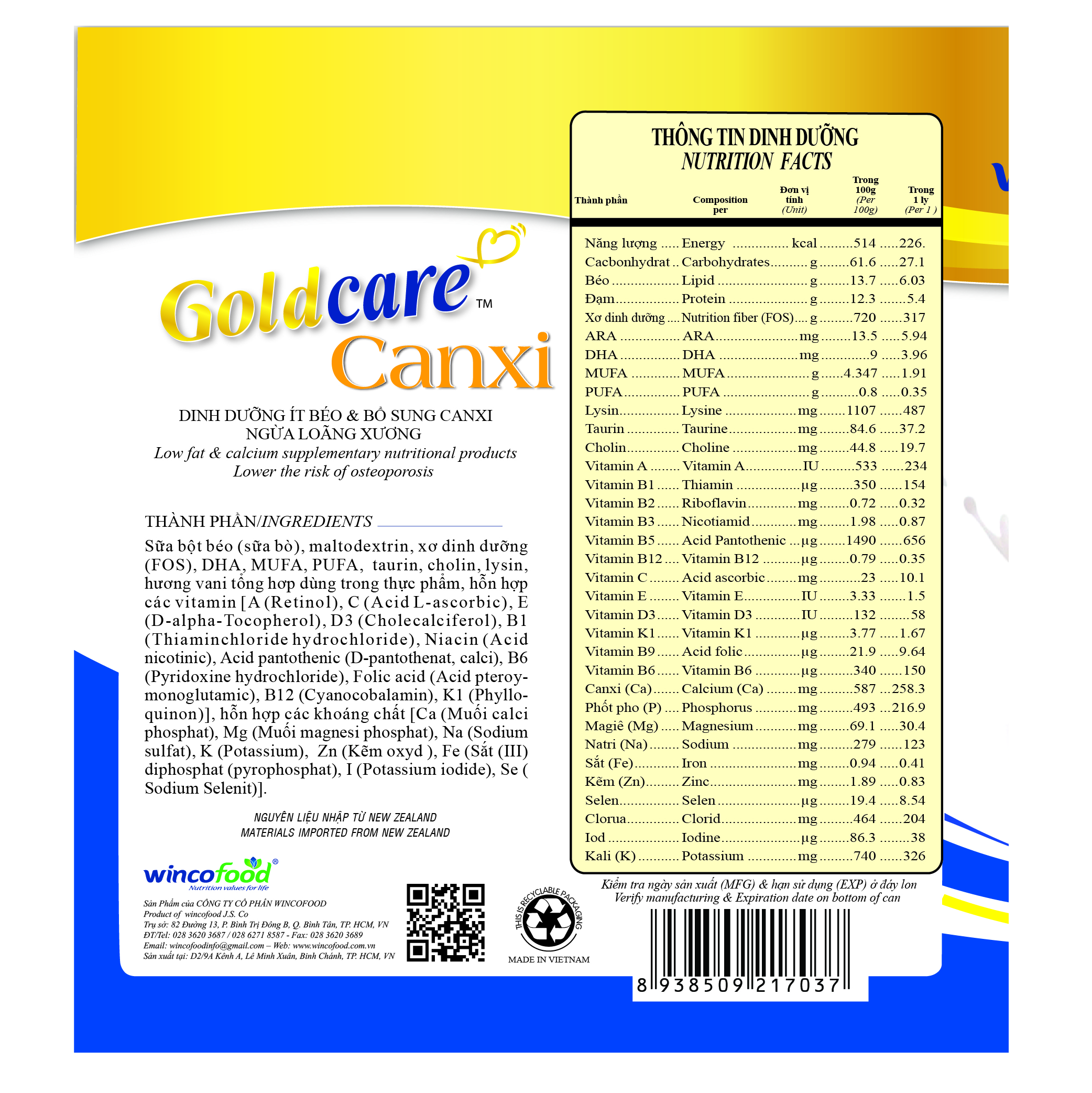 Sữa bột Wincofood GoldCare Canxi: dinh dưỡng ít béo ngừa tiểu đường, bổ sung canxi giúp xương chắc khỏe, MUFA, PUFA tốt cho tim mạch, phù hợp cho người từ 30 tuổi trở lên.