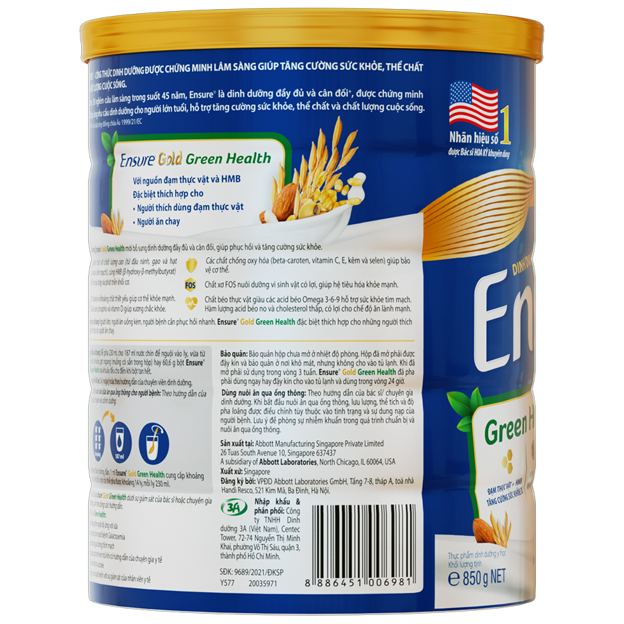 Thực phẩm dinh dưỡng y học Ensure Gold Green Health 800g/850g