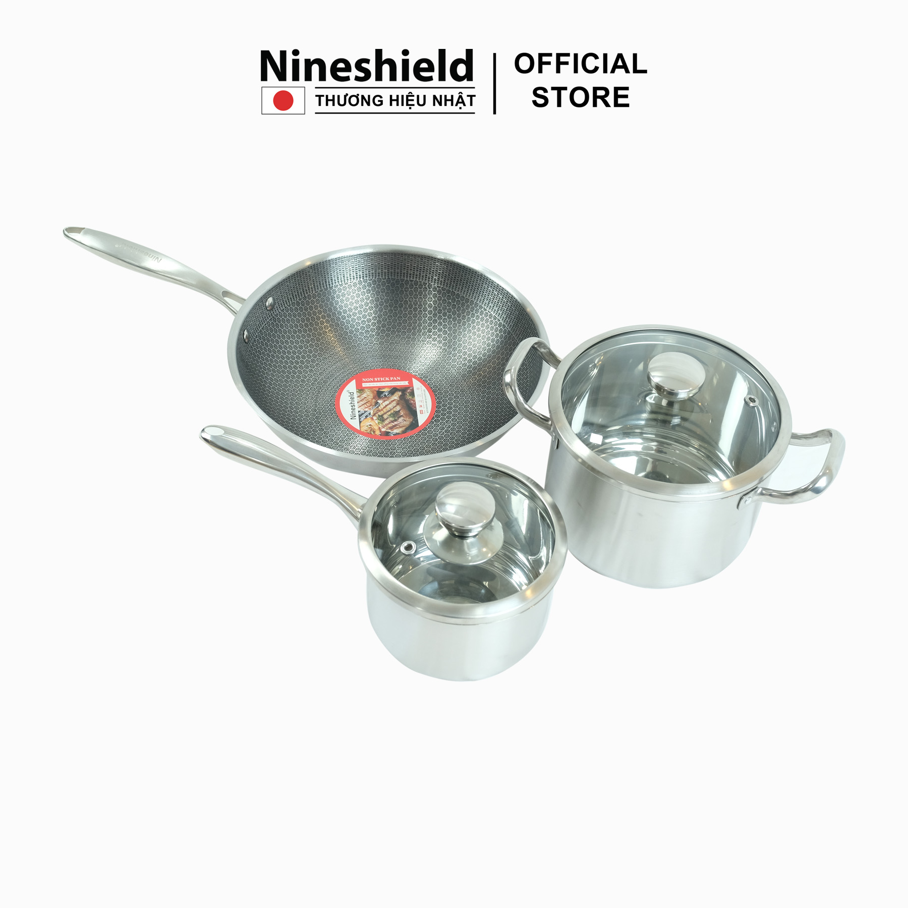 Bộ nồi Inox 3 món mẫu mới Nineshield KB BNI62 - Hàng chính hãng