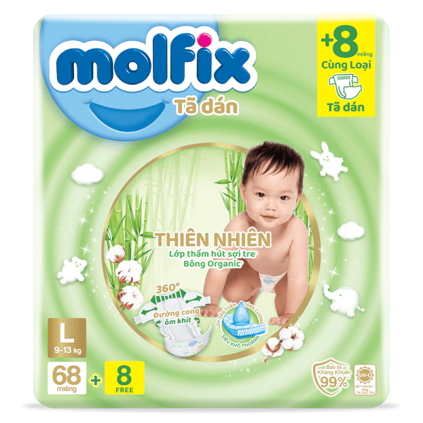 Tã/bỉm dán Molfix Thiên nhiên Jumbo L68 - Gói 68 miếng
