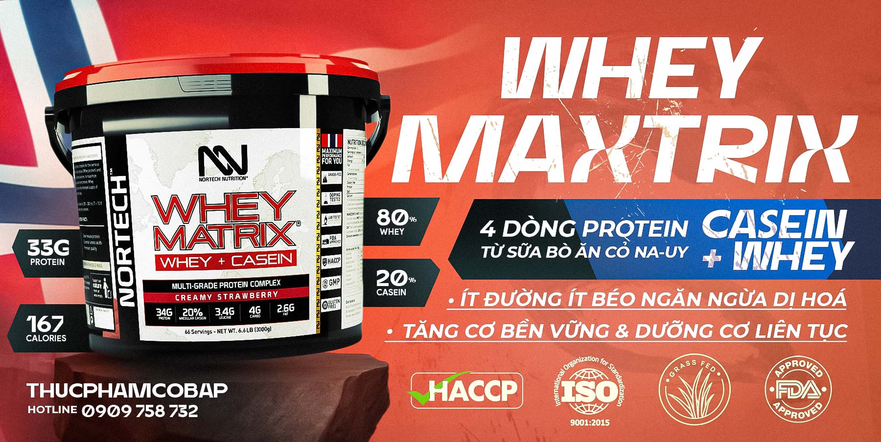 Sữa tăng cơ Whey Protein - Whey Matrix từ Nortech Nurition - 33g Protein Whey &amp; Casein - 66 Lần dùng - Hỗ Trợ Tăng Cơ &amp; Phục Hồi Cơ bắp liên tục