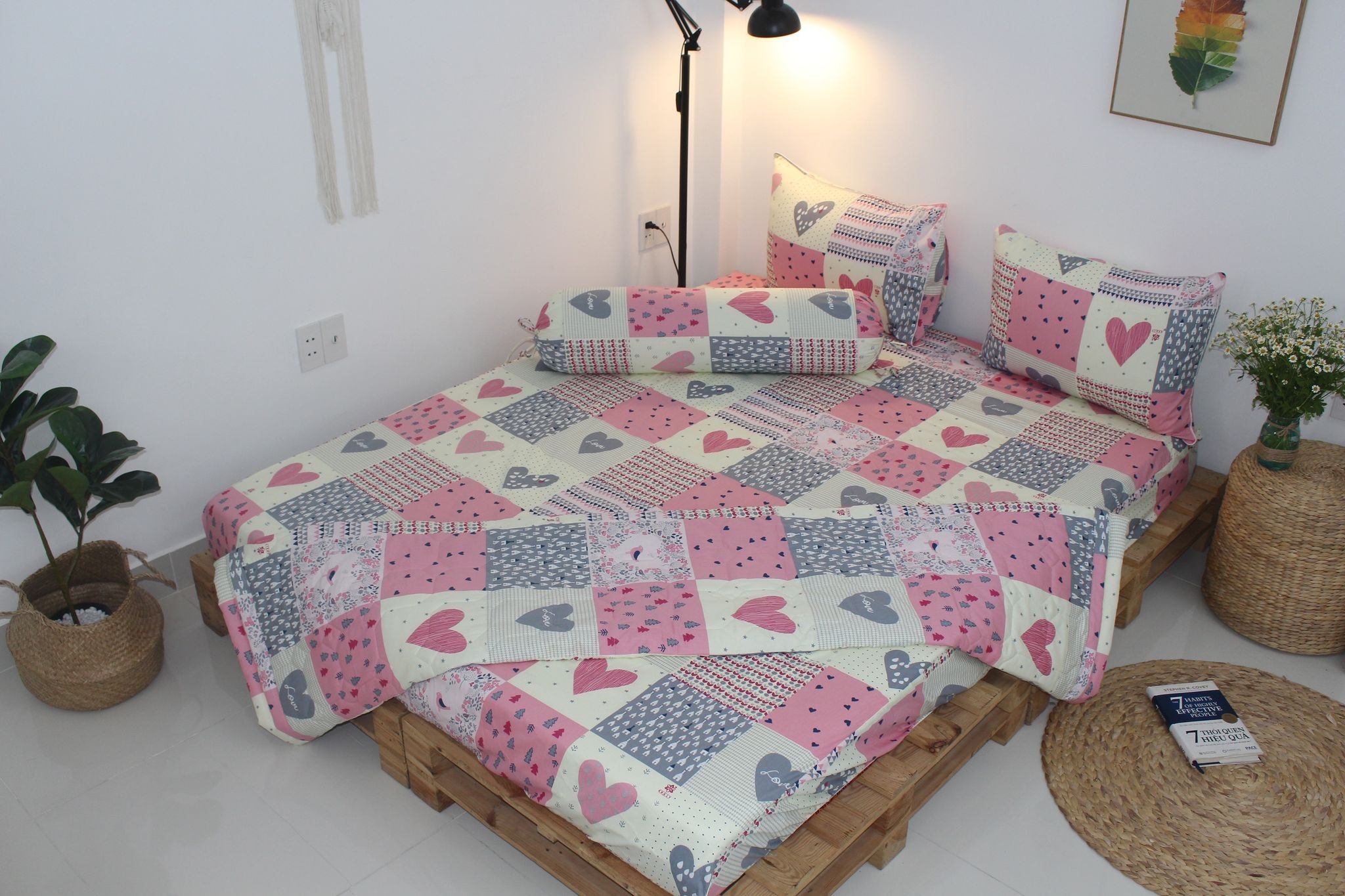 Bộ drap gối KHA LY - 100% cotton thiên nhiên - Ô vuông tim hồng - VN242
