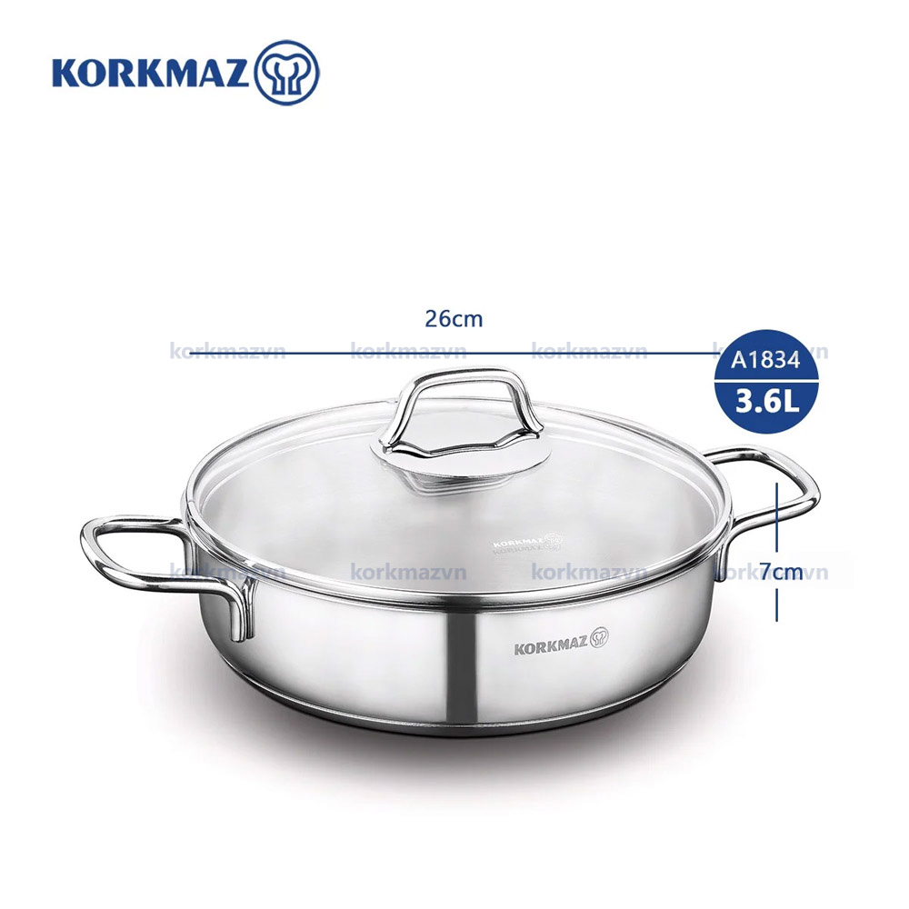 Nồi inox 18/10 thân thấp Korkmaz Perla 3.6 lít - 26x7 cm