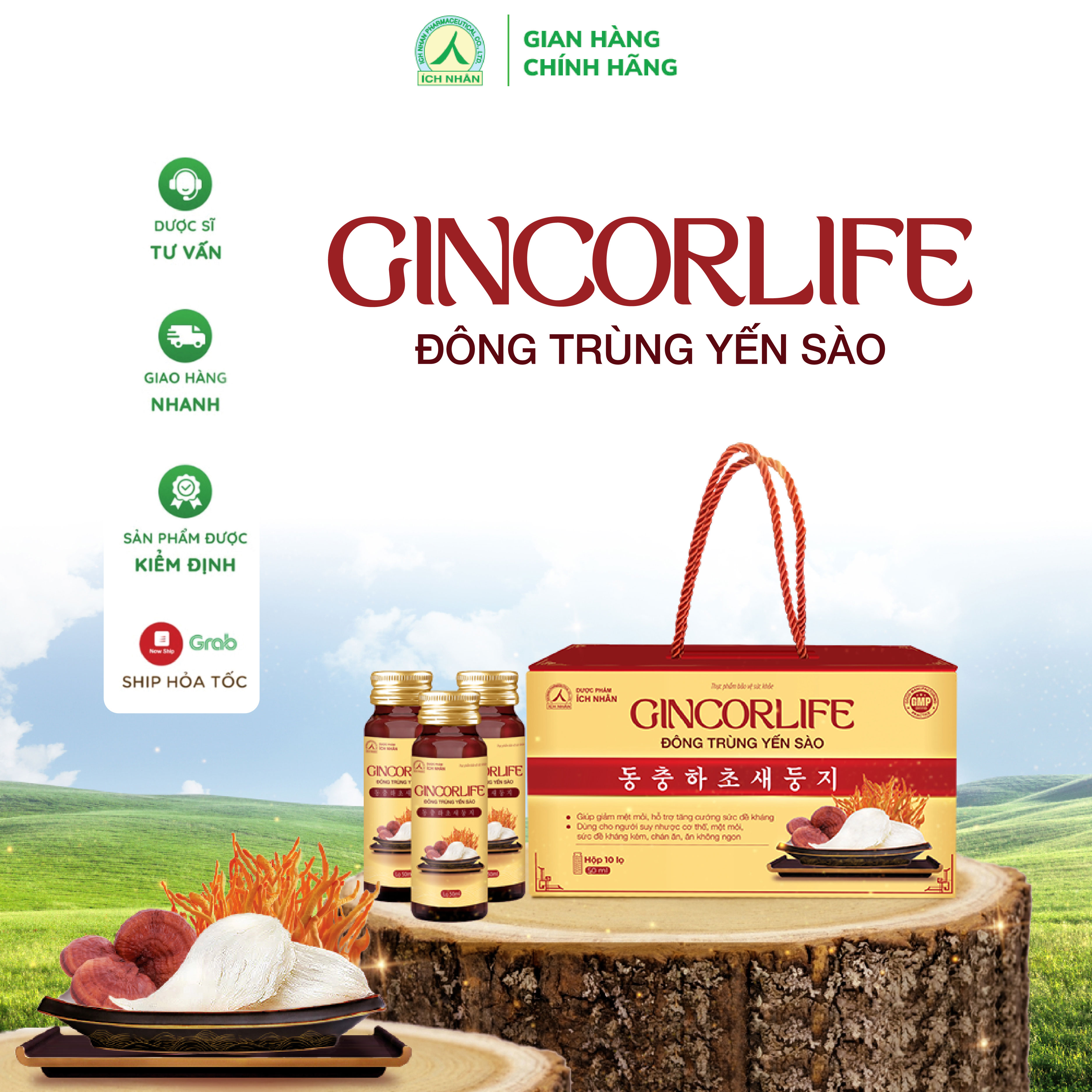 Nước hồng sâm GINCORLIFE Đông Trùng Yến Sào tăng cường sức đề kháng, giảm mệt mỏi, ăn ngon hơn hộp 10 chai x 50ml