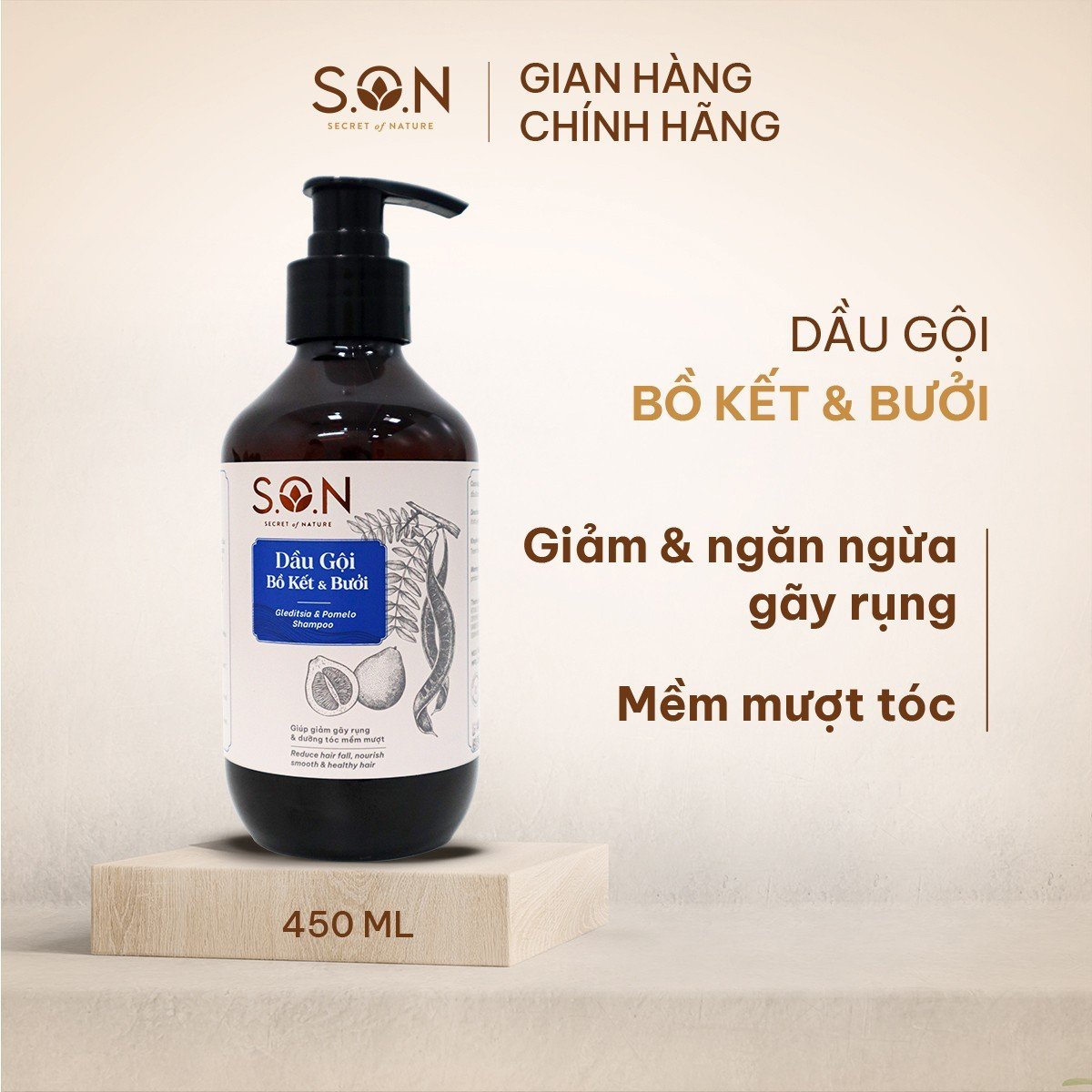 Dầu gội bồ kết &amp; bưởi S.O.N giảm gãy rụng, giảm gàu, dưỡng mượt tóc