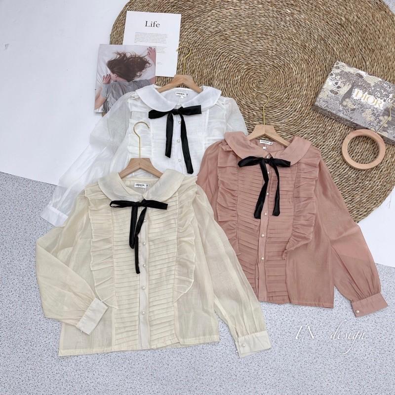 Áo sơmi tơ xếp ly viền bèo