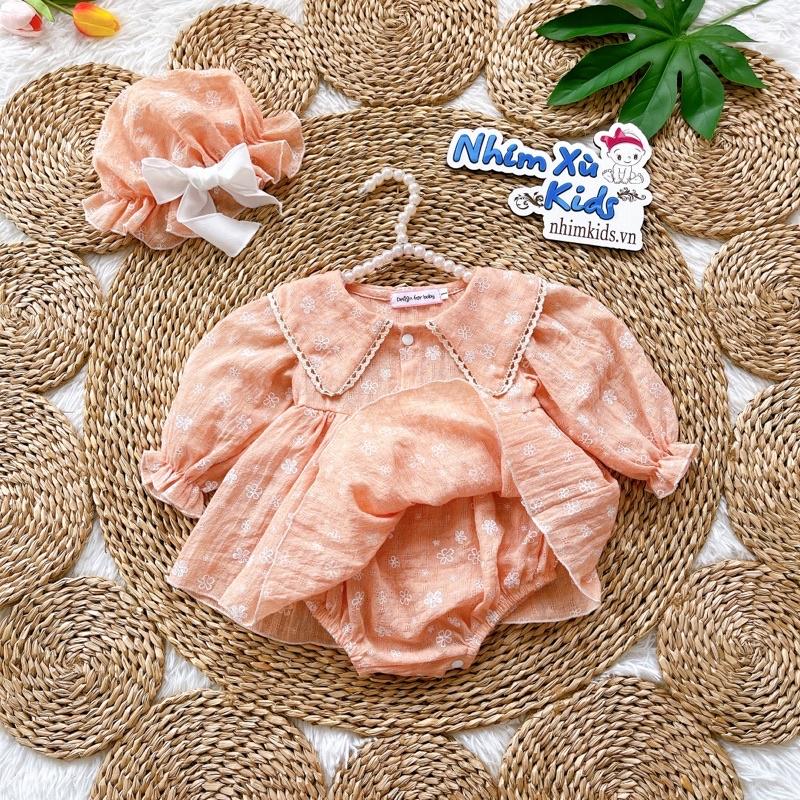 Body Váy Lá Hồng Bé Gái 3 Đến 12kg, Áo Liền Quần Bé Gái Chất Đũi Thông Hơi Phối Ren