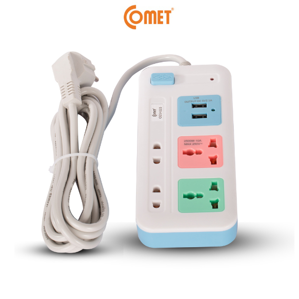 Ổ Cắm Nối Dài Cổng USB Comet CES4223 2500W dây dài 3m, 4 lỗ cắm, 2 cổng sạc USB, 1 công tắc