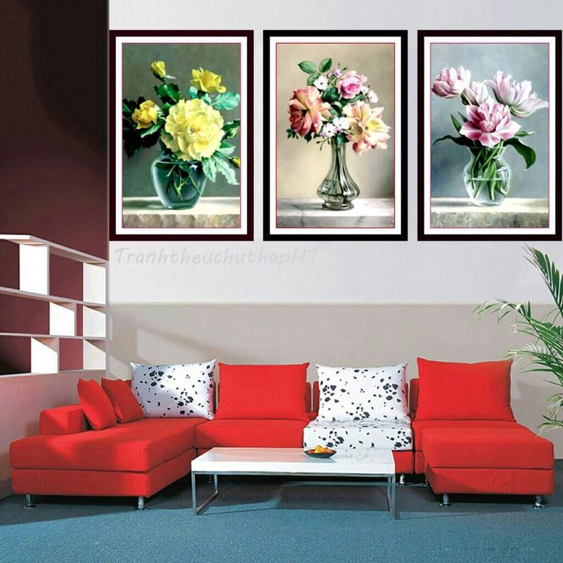 Tranh thêu chữ thập 3 Bức Hoa Đẹp LV3211 chưa thêu