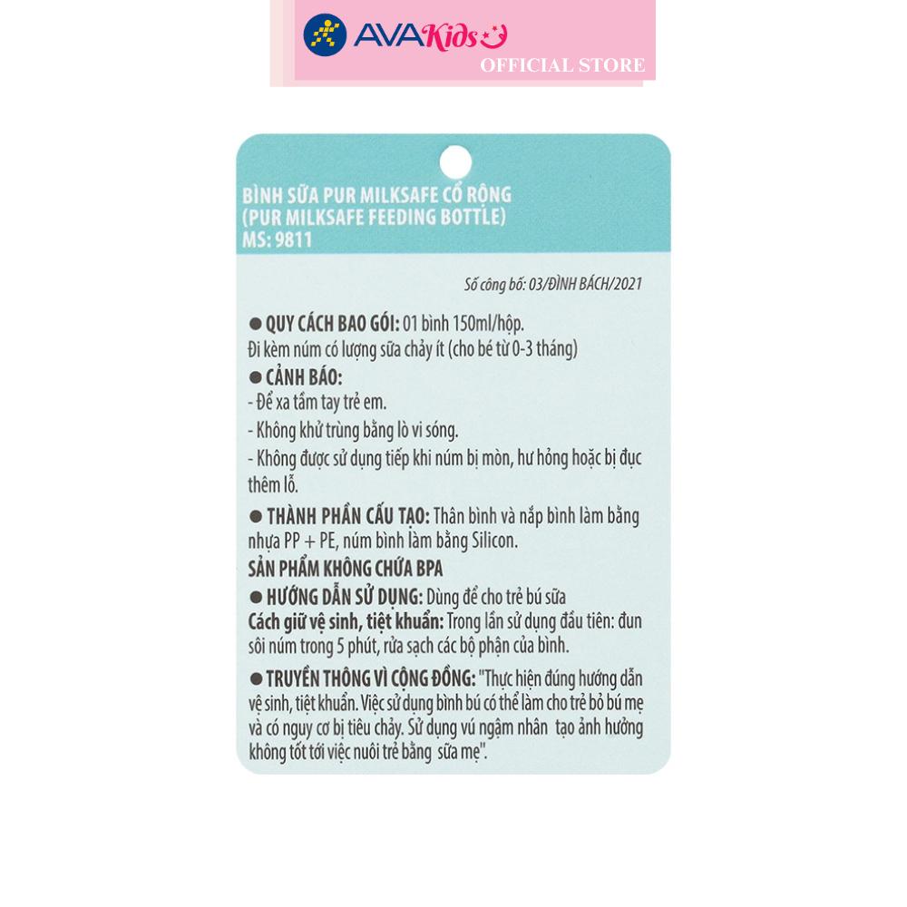 Bình sữa nhựa PP, PE Pur Milk Safe 9811 cổ rộng 150 ml (0 - 3 tháng)