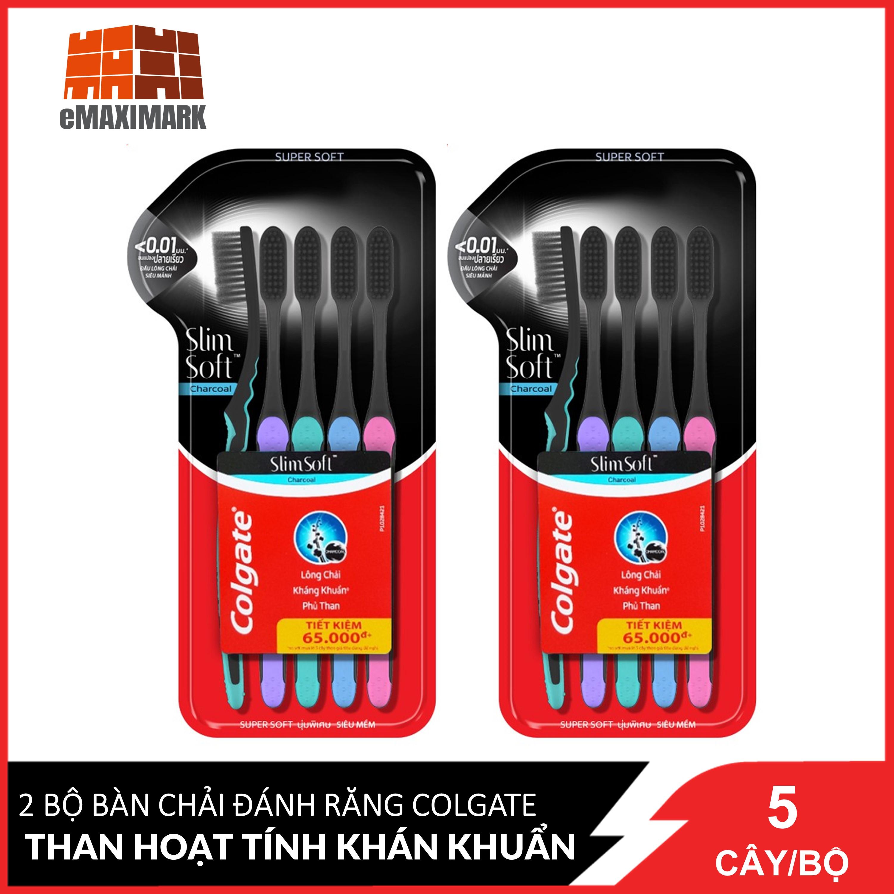 Combo 2 Bộ 5 Bàn chải đánh răng Colgate than hoạt tính kháng khuẩn SlimSoft Charcoal mềm mảnh