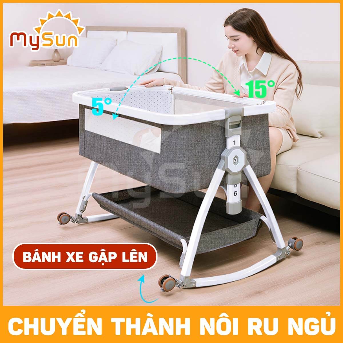 Nôi cũi cho em bé sơ sinh ghép chung giường ngủ gấp gọn Luxury MySun