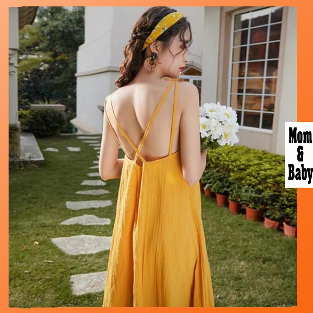 Váy bầu hai dây M259 chất đũi mềm mát thời trang freesize từ 45 đến 70kg