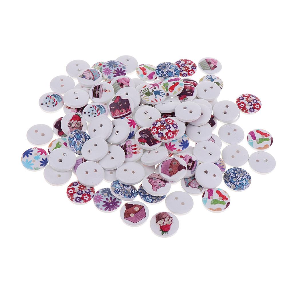 100pcs Flower Printed Wooden Buttons 2 Holes 15mm DIY Clothing Scrapbook Crafts